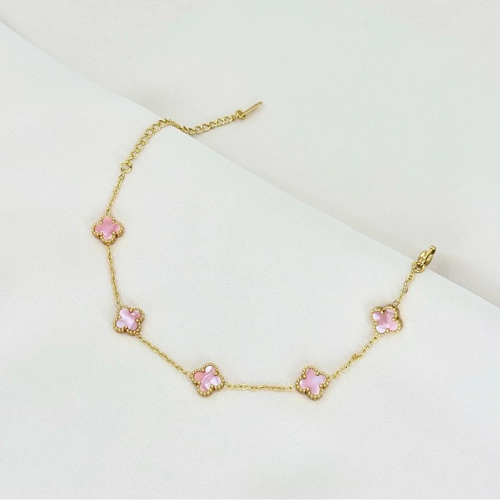 Petite Pink Mother of Pearl Gold Clover Bracelet | Stainless Steel Double Sided